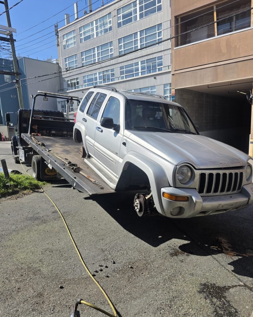 White SUV beside a commercial building